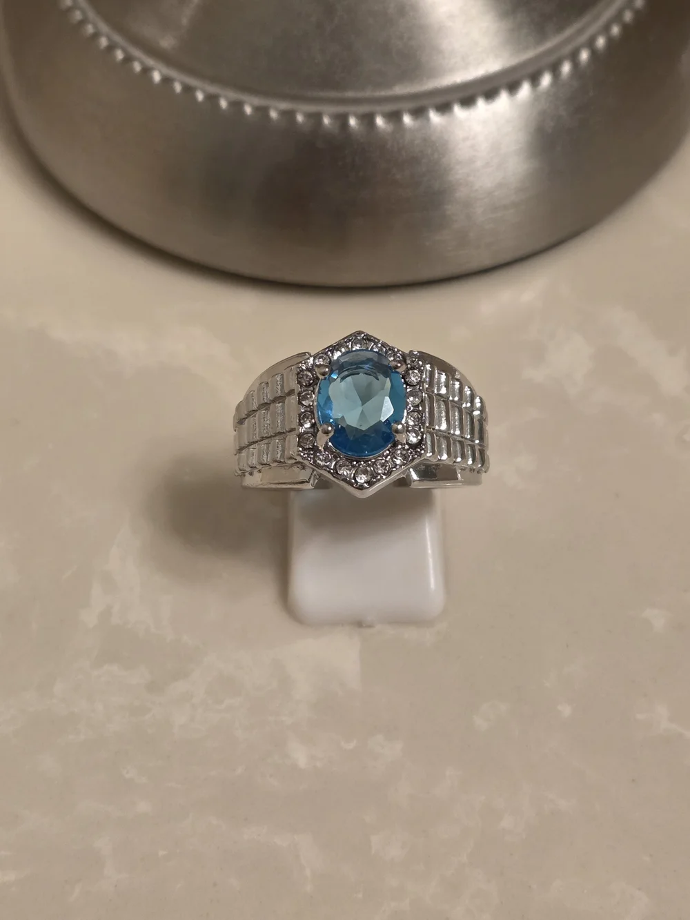 Men's Silver CZ and Aquamarine Statement Ring Size 10